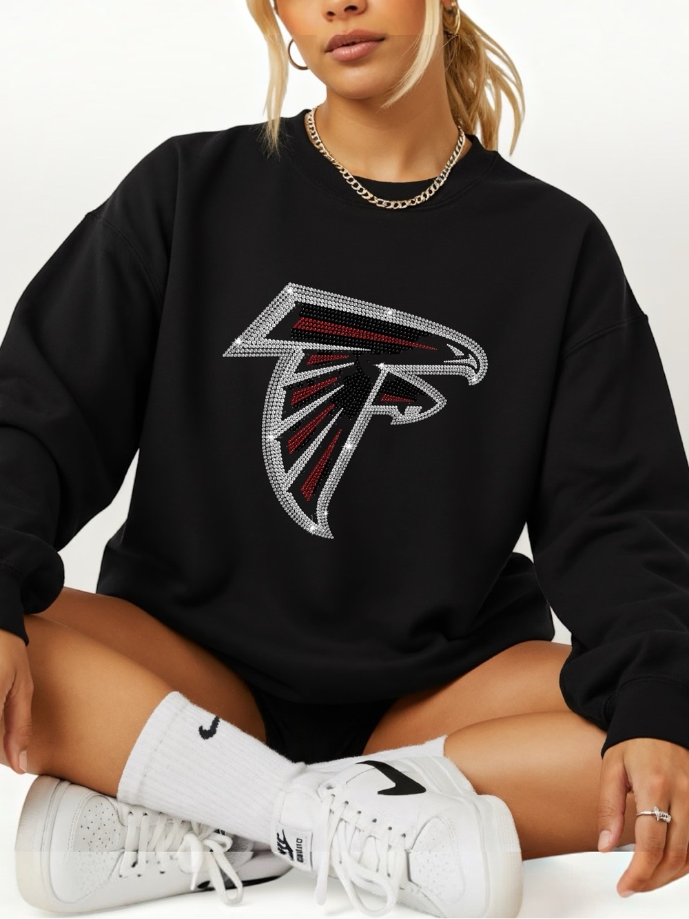 Atlanta Falcons Black Crewneck Sweatshirt faux rhinestone pick 1 unisex S M L XL - Picture 3 of 10
